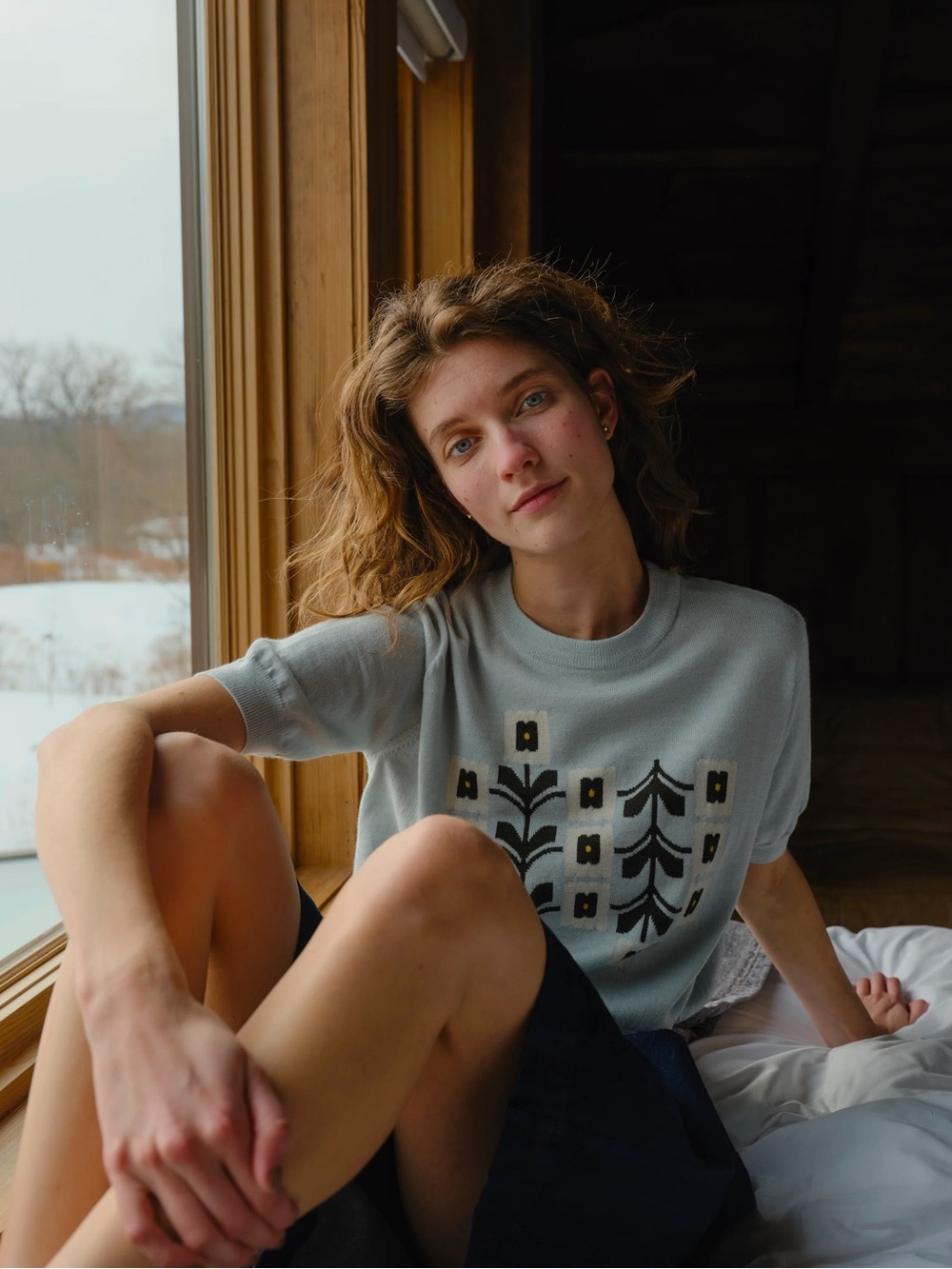 DEGEN Hellebore Flower Merino Wool Sweater Tee in Light Blue, Women’s M/L